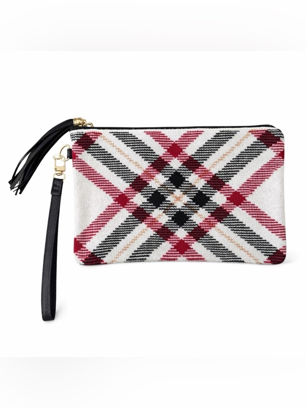 Woven Aztec Plaid Wristlet Clutch in Red, Black and White and Golden Yellow